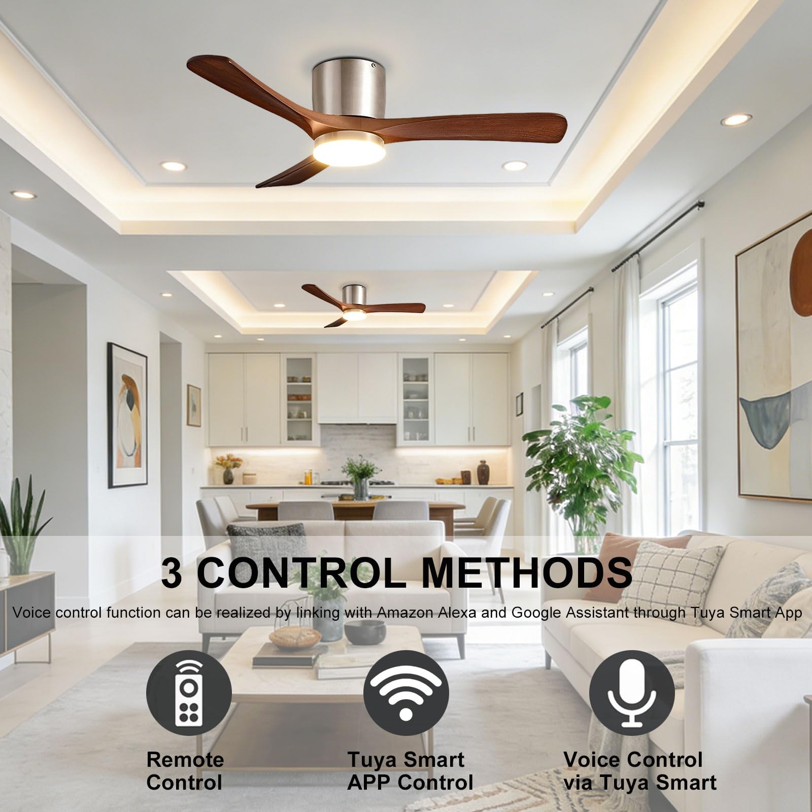 Ventilatore a soffitto in Legno di Noce con la Luce Ventilatori silenziosi Moderni LED dimmerabile per la Sala da Pranzo della Camera da Letto Living Smart Remote/App/Voice Control