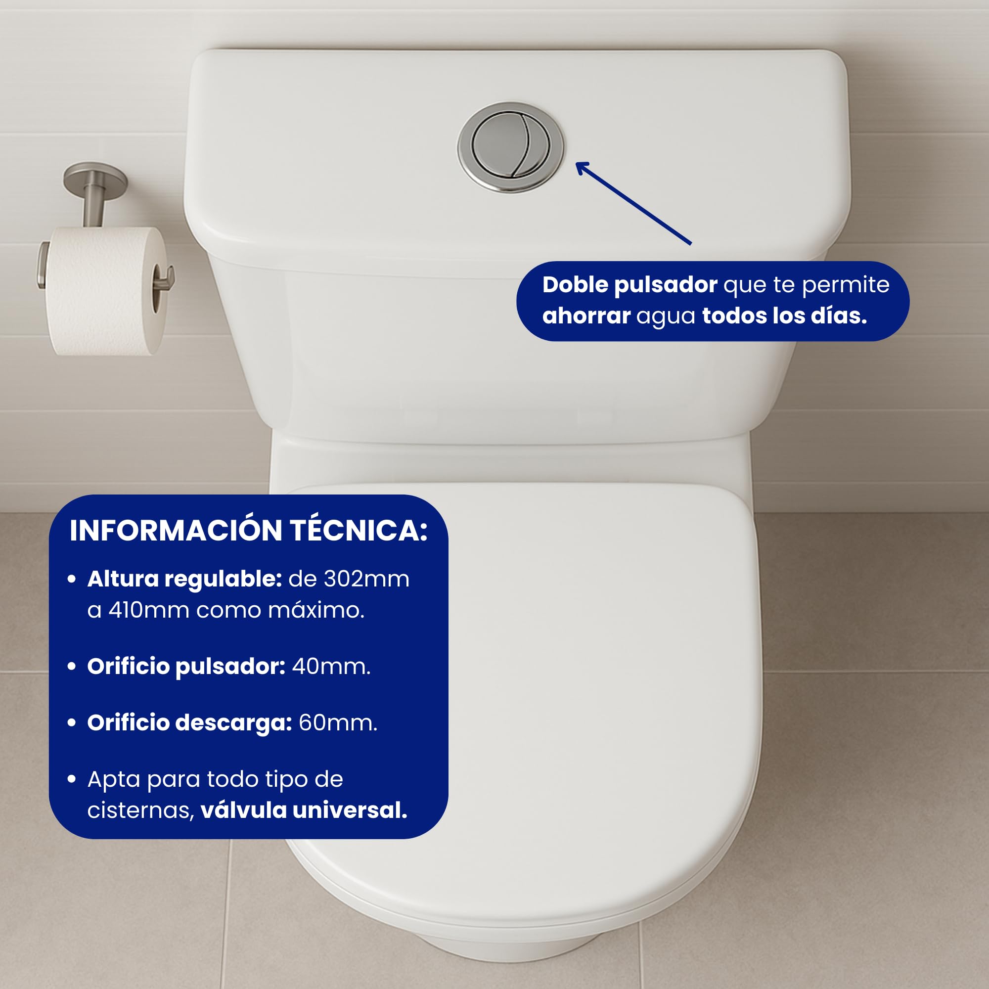 BriTools Descarga Universal para Cisterna WC Orificio 60 mm y Altura Ajustable | Compatible con Inodoros Roca y Estándar – Pulsador Doble, Fácil Instalación y Ahorro de Agua