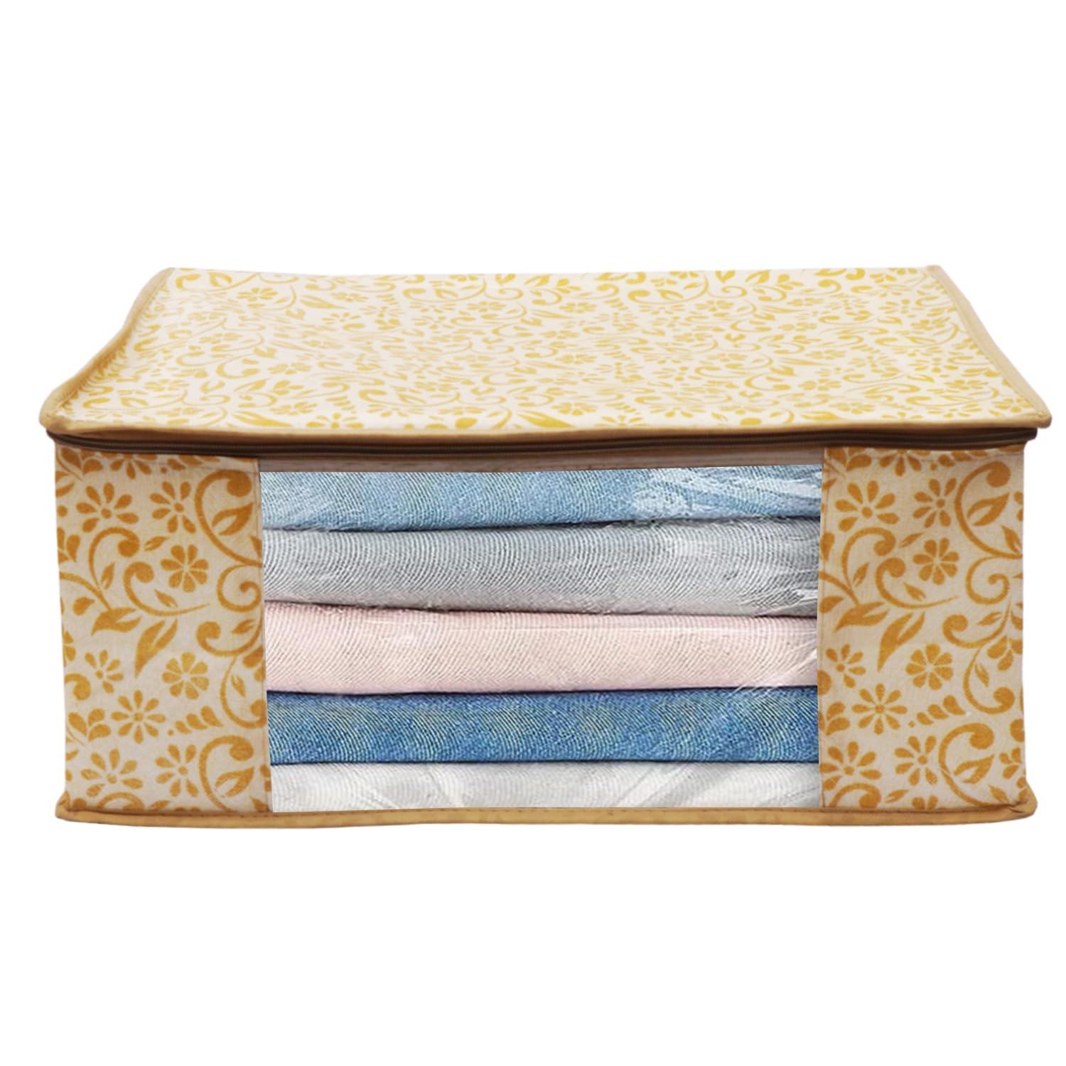 Ankit International Golden Floral Printed Multi Purpose Saree cover/Storage Bag for Clothing, Toy, Stationery, Blanket, Saree & Suit Storage with Zip Closure (Pack of 1)