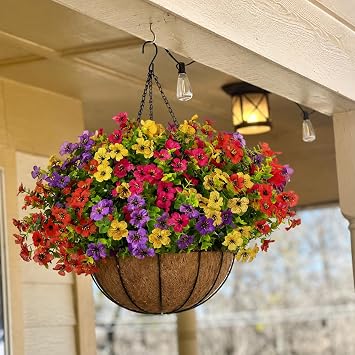 Artificial Hanging Baskets, 24 Pcs Mixed Color Mums UV Resistant Outdoor | Realistic Mum Blooms with 2 Ready-to-hang Baskets; UV-resistant Design Decorates Porches, Patios, Balconies and Gardens