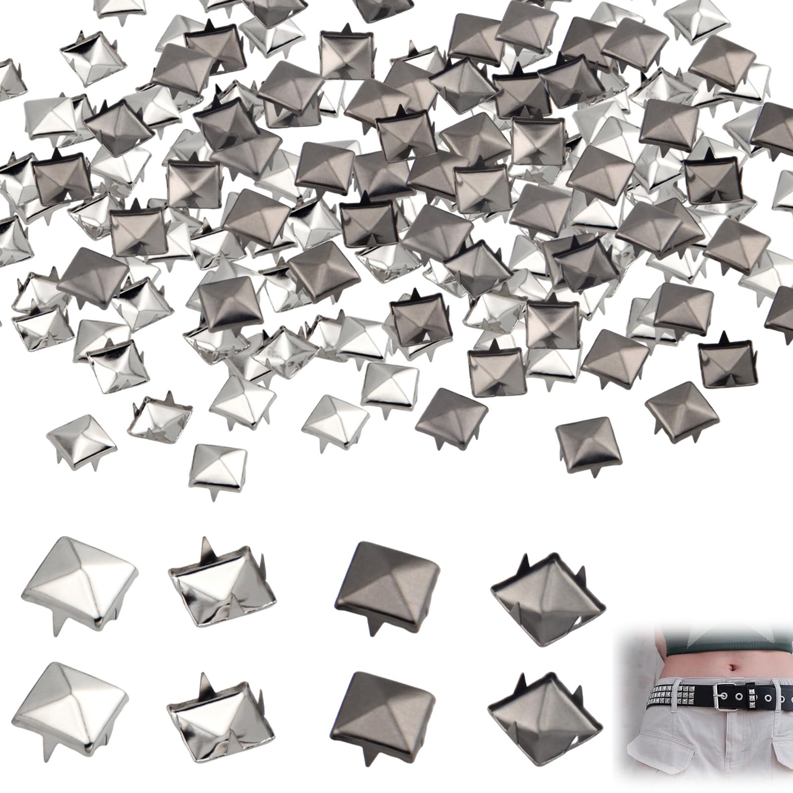 200 Pieces Square Rivets, 10 mm Square Pyramid Rivets Studs 4 Square Rivets for Leather DIY Punk for DIY Bags Clothing Leather Bracelet Craft Necklace (Silver/Gun Black)
