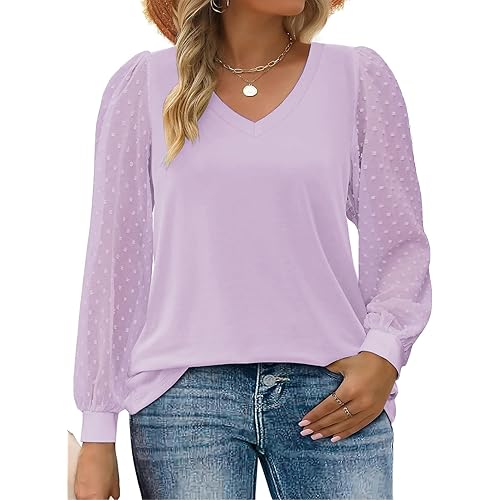 VISLILY Womens-Plus-Size-Tops Casual V Neck T Shirts Swiss Dotted Puffy Sheer Long Sleeve Blouses Dressy Loose Tunics 1X-5X