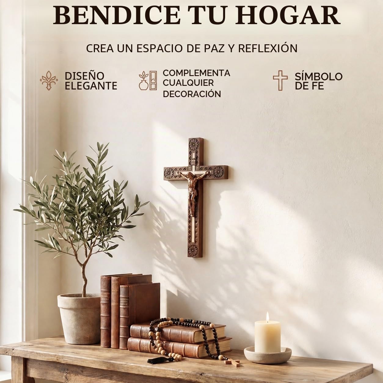 Woodvio - Cruz de pared de madera hecha a mano, acabado tallado a mano, crucifijo católico