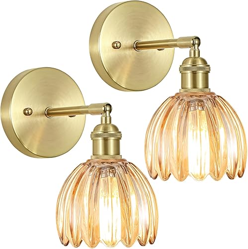 Juego de dos apliques de pared vintage, luces de pared cableadas con pantalla de cristal de tulipán ámbar, lámparas de pared doradas para