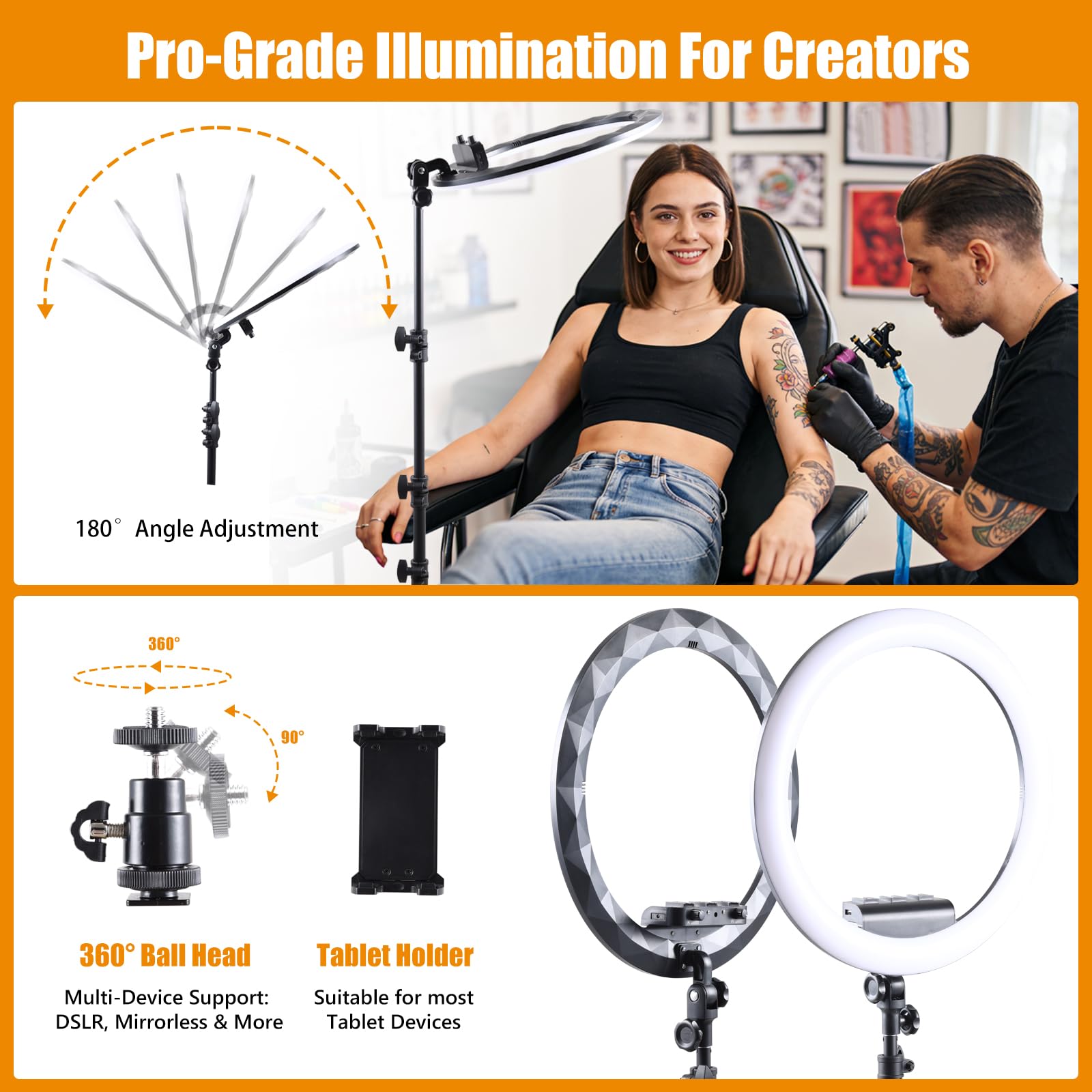 Anillo de luz plegable con soporte para iPhone iPad, trípode de 75 pulgadas con ruedas, pantalla LED de 50 W 6500 K, 2 puertos USB, gran rodamiento-RL01 New1