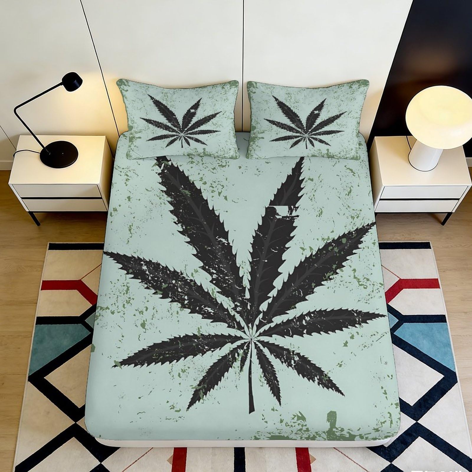 Pnayamiorkfel Style-3 3D Printed Green Cannabis Leaf Fitted Sheet Microfiber Soft Anti-Slip Bed Cover For Bedroom Dorm Guest Room Decor 90X200x25cm