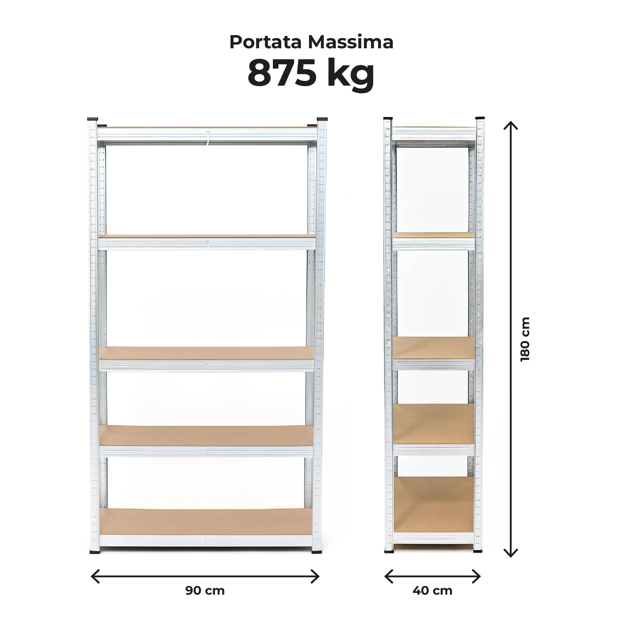 Set 2 Scaffali in Metallo 40x90x180 cm – Scaffalatura a 5 Ripiani Regolabili Senza Viti, Portata 875 kg Totale (175 kg per Ripiano) – Scaffale Salvaspazio Garage Cantina Officina con Ripiani in MDF