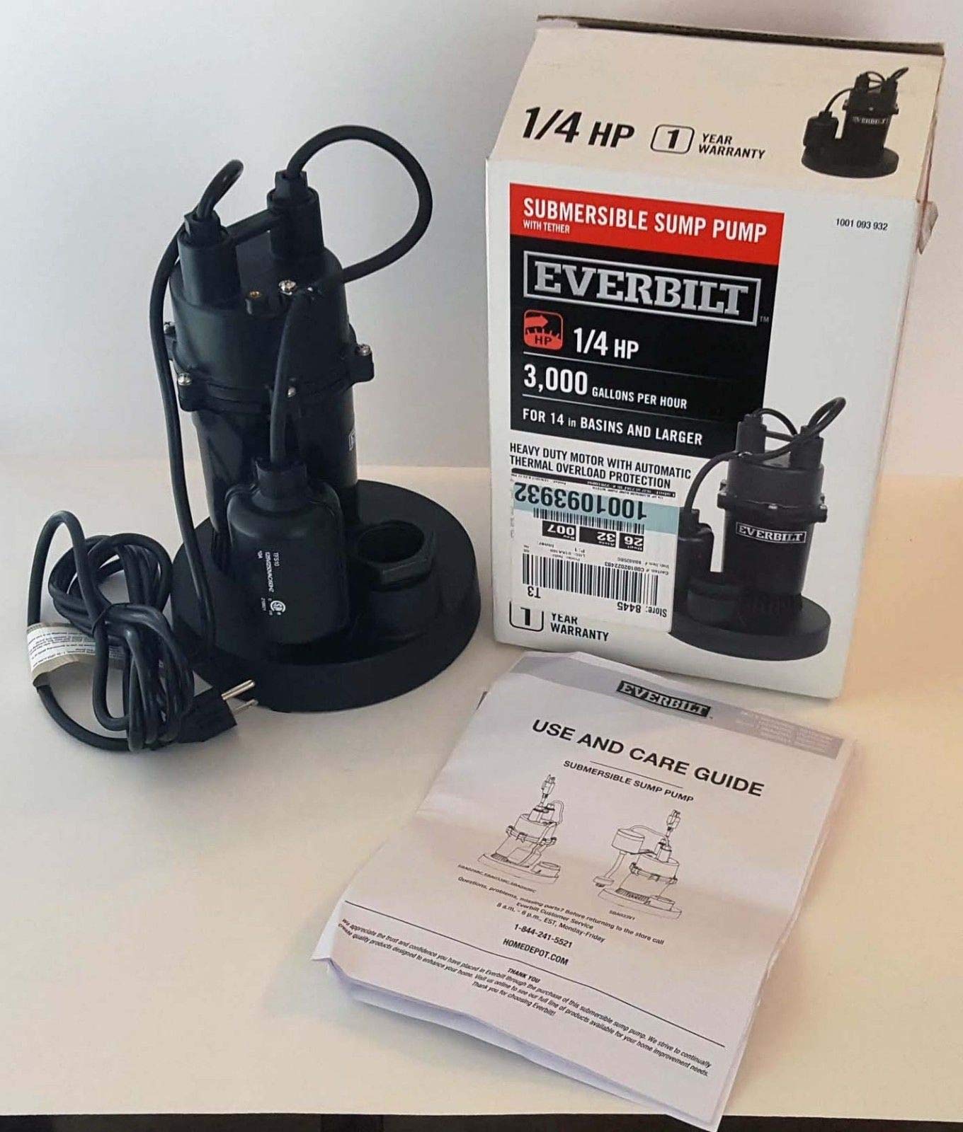 Everbilt 1/4 HP Submersible Sump Pump with Tether - Amazon.com
