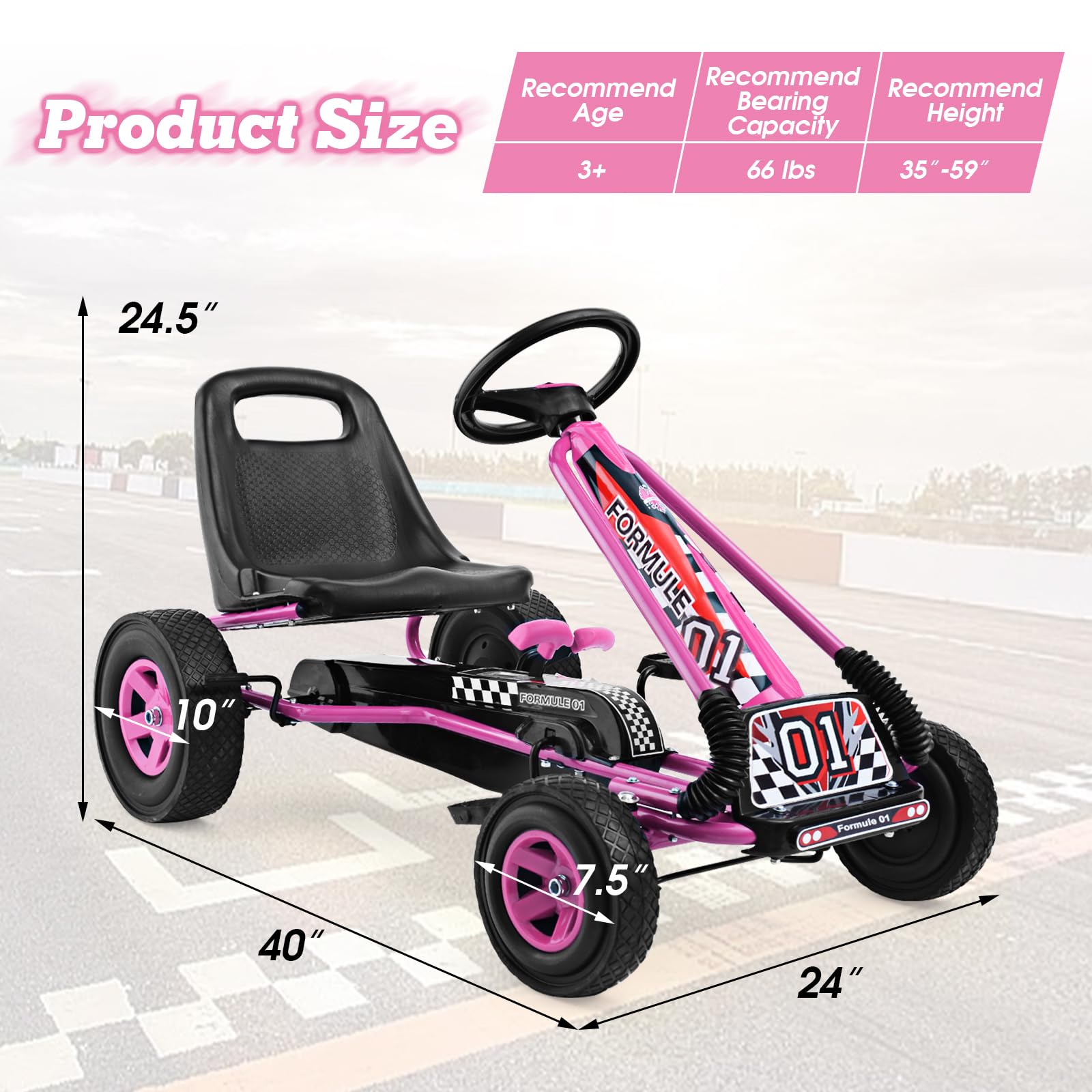 GOPLUS Kart à Pédales Enfants Siège Réglable 4 Roues Caoutchouc Plastique 3-8 Ans Rose