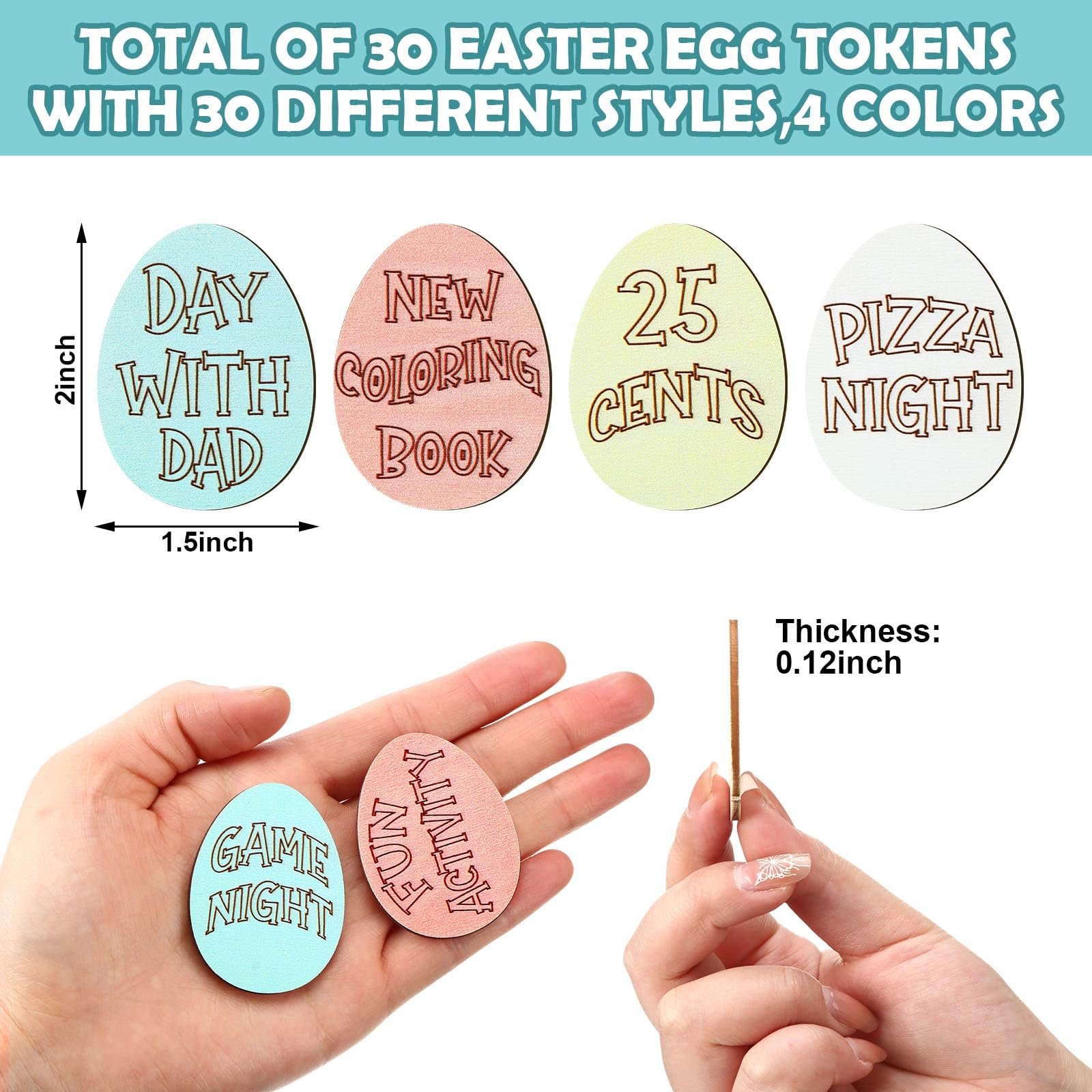 Menkxi 30 Pack Wooden Easter Egg Tokens Basket Stuffers Easter Reward Tokens with 30 Different Engraved Sayings Eggs Filled Activity for Teens Adults