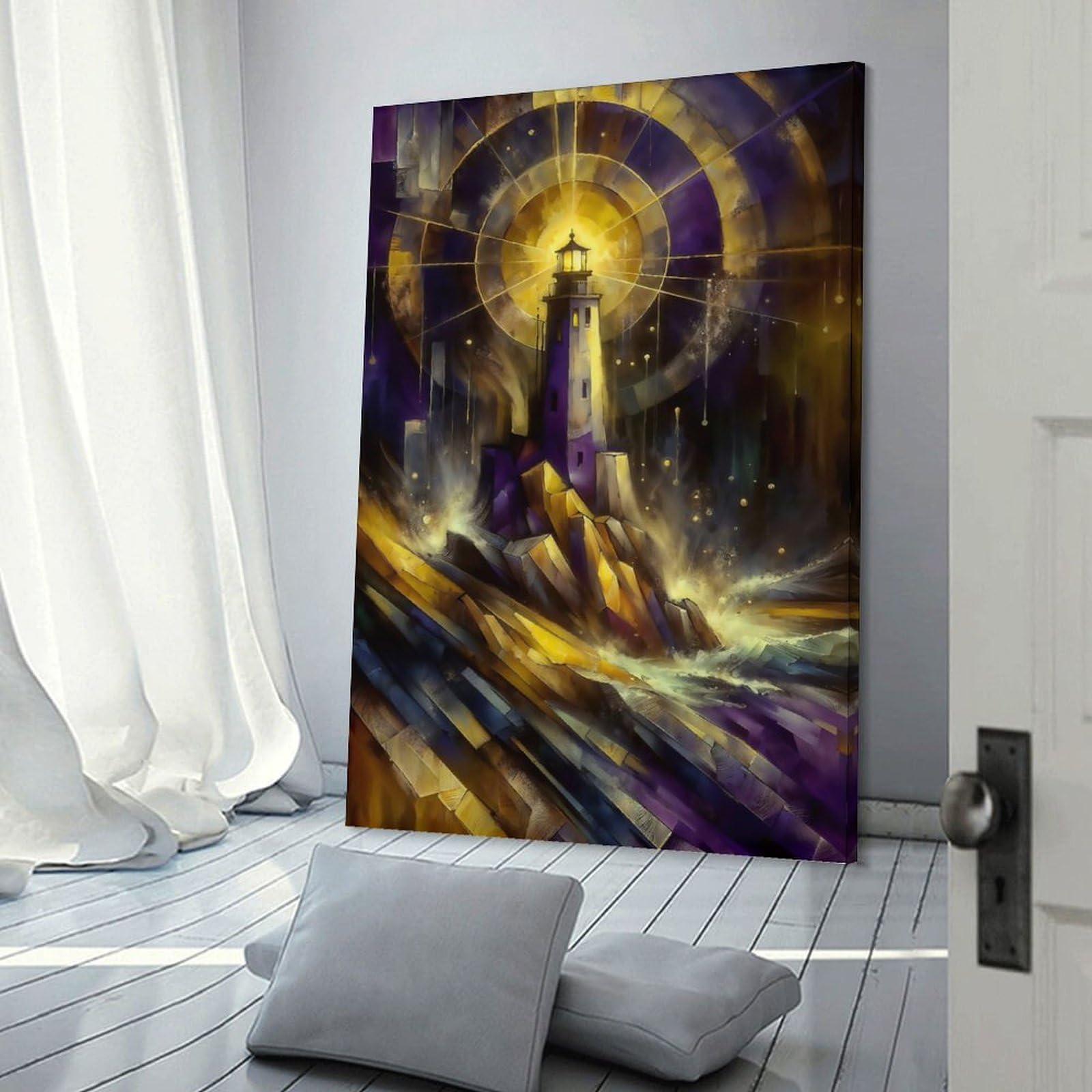 Junmoney Lighthouse in Golden Light Wall Picture Print, 24x36inch(60x90cm), for Flats, Guest Rooms Or Compact Rooms, Decorative Canvas Decor for Home Updates