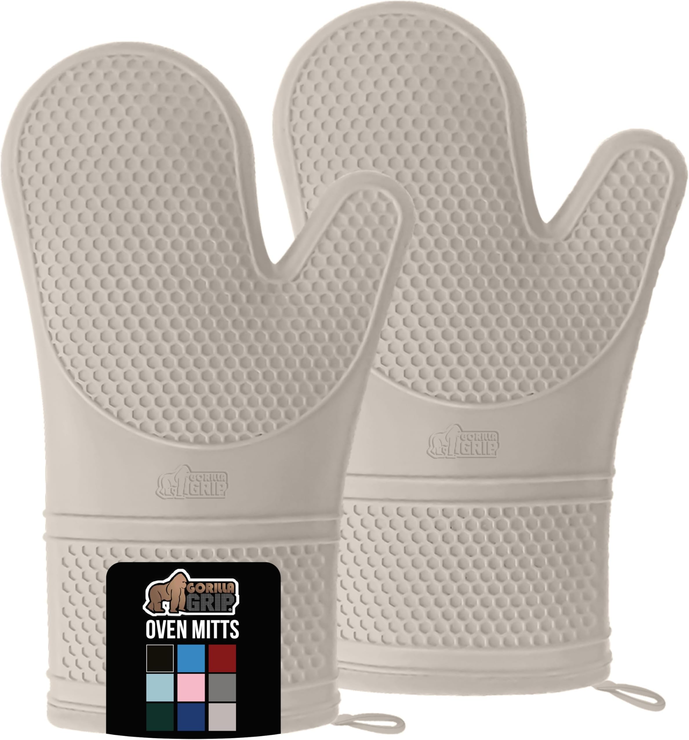 GORILLA GRIP BPA-Free Soft Silicone Oven Mitts, Heat Resistant and Waterproof Cooking Gloves, Thick Cotton Lining, Flexible Gripping for Baking Grilling, Kitchen Potholders Set of 2, 12.5x8.3, Almond