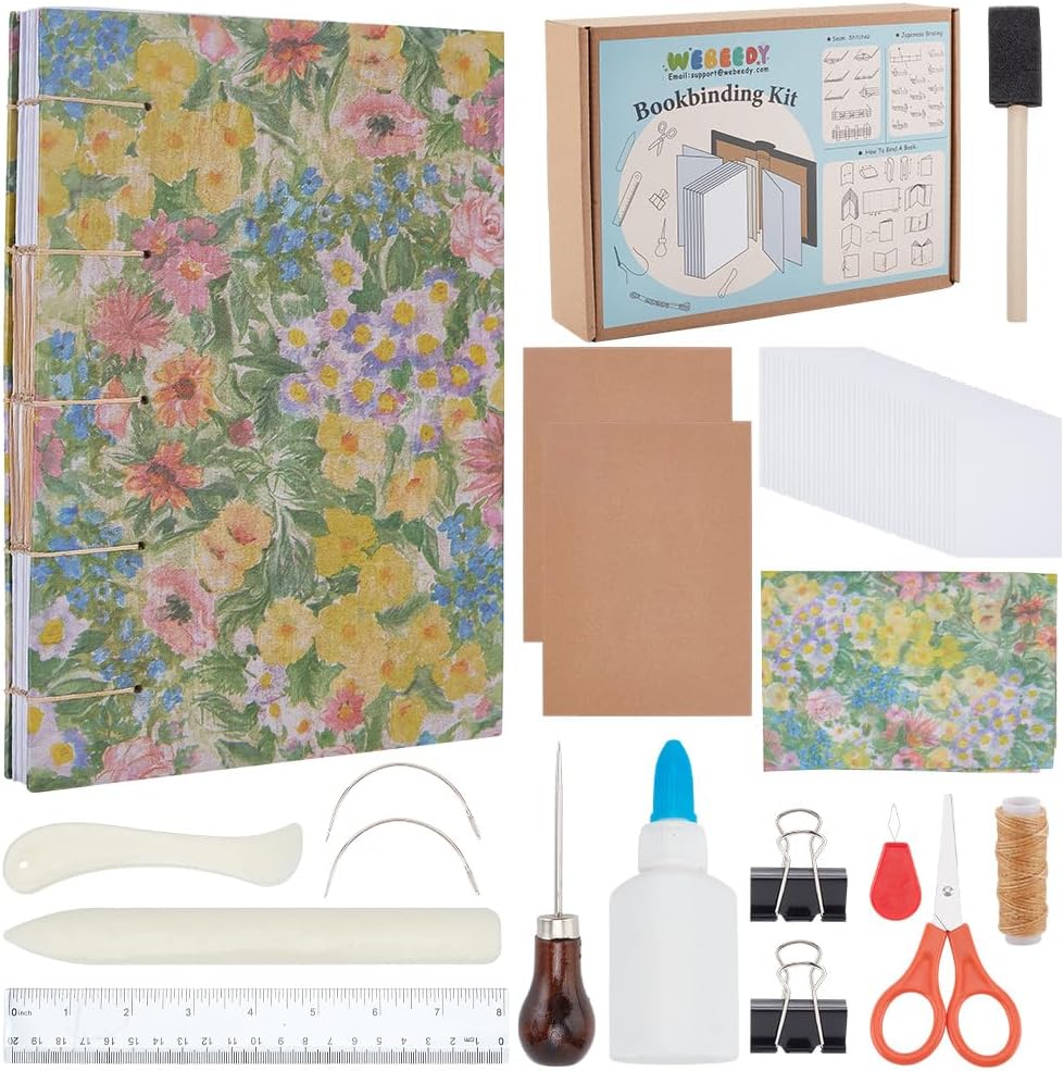 WEBEEDY DIY Complete Bookbinding Kit for Adults Beginners,Coptic Journal Book Making Bookbinding Supplies with Thread,Sewing Needles,Paper,Bone Folders for Paper Making Gift,8X6″/15X21cm(A5)