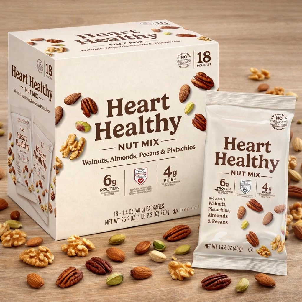 Roman Shopping Heart Healthy Nut Mix Multipack – 18 Pack Individual Servings, Walnuts Almonds Pecans & Pistachios, 6g Plant Protein, Low Sodium Snack – Member Mark Style