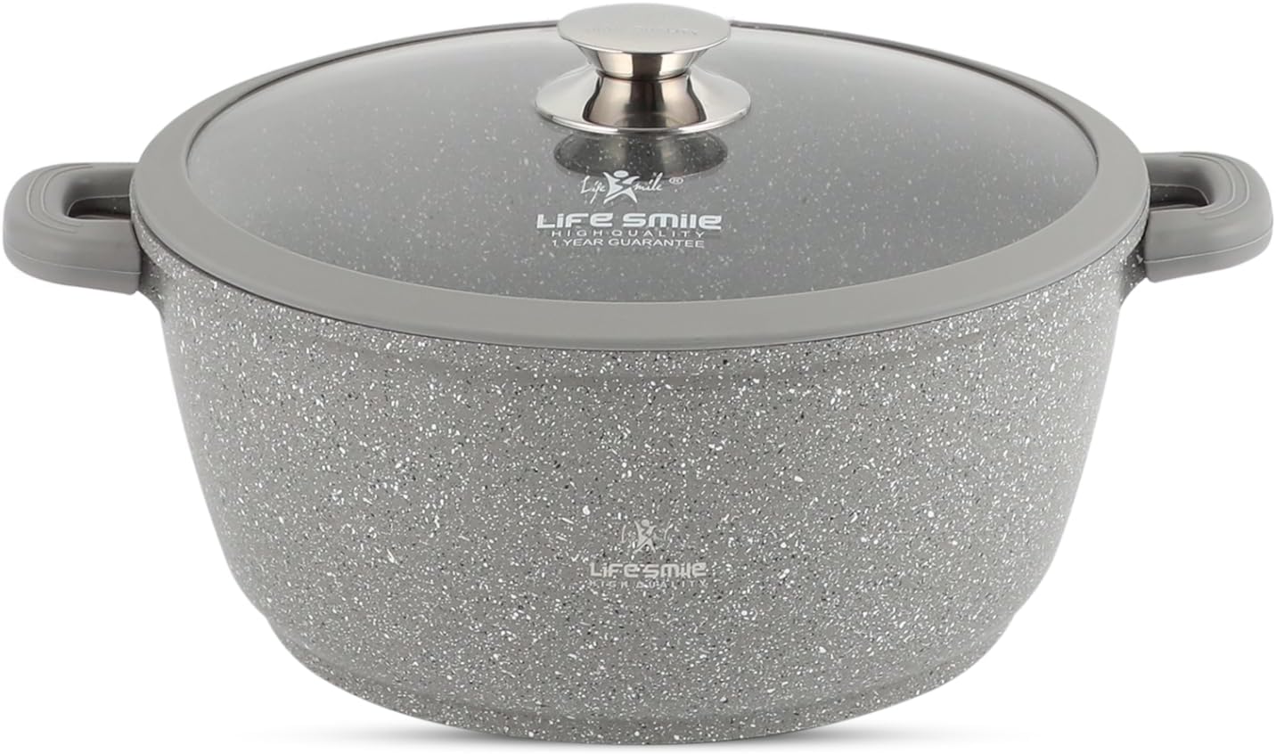 LIFE SMILE Cooking Pot - Multi Layer Non Stick Granite Coating 100% PFOA Free - Glass Lid With Silicone Rim - Detachable Silicone Handles - oven safe (Grey, 28CM (6.9 Liters))