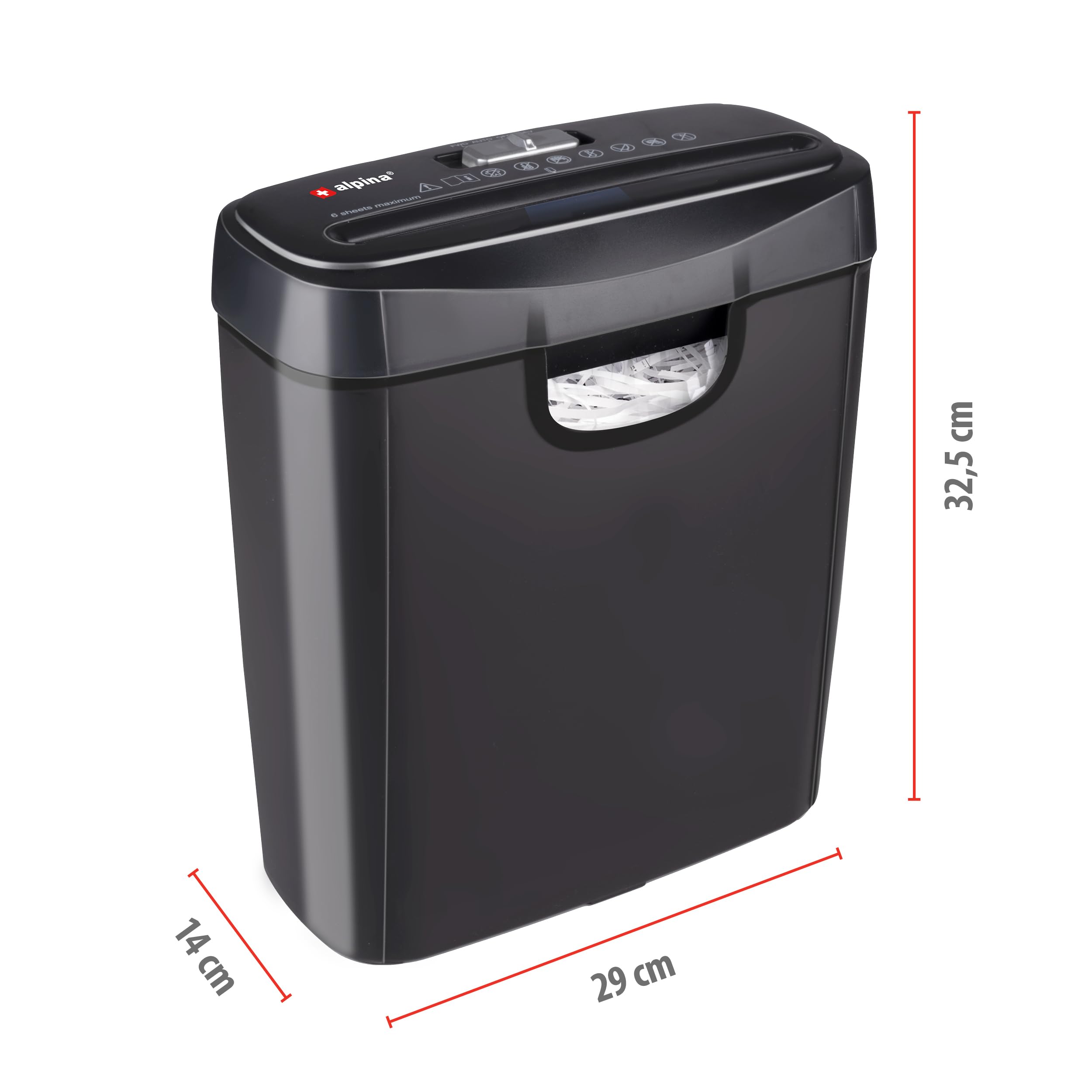 Alpina Destructeur de Documents Papier 6 Feuilles A4 Bac 10L 190W Noir