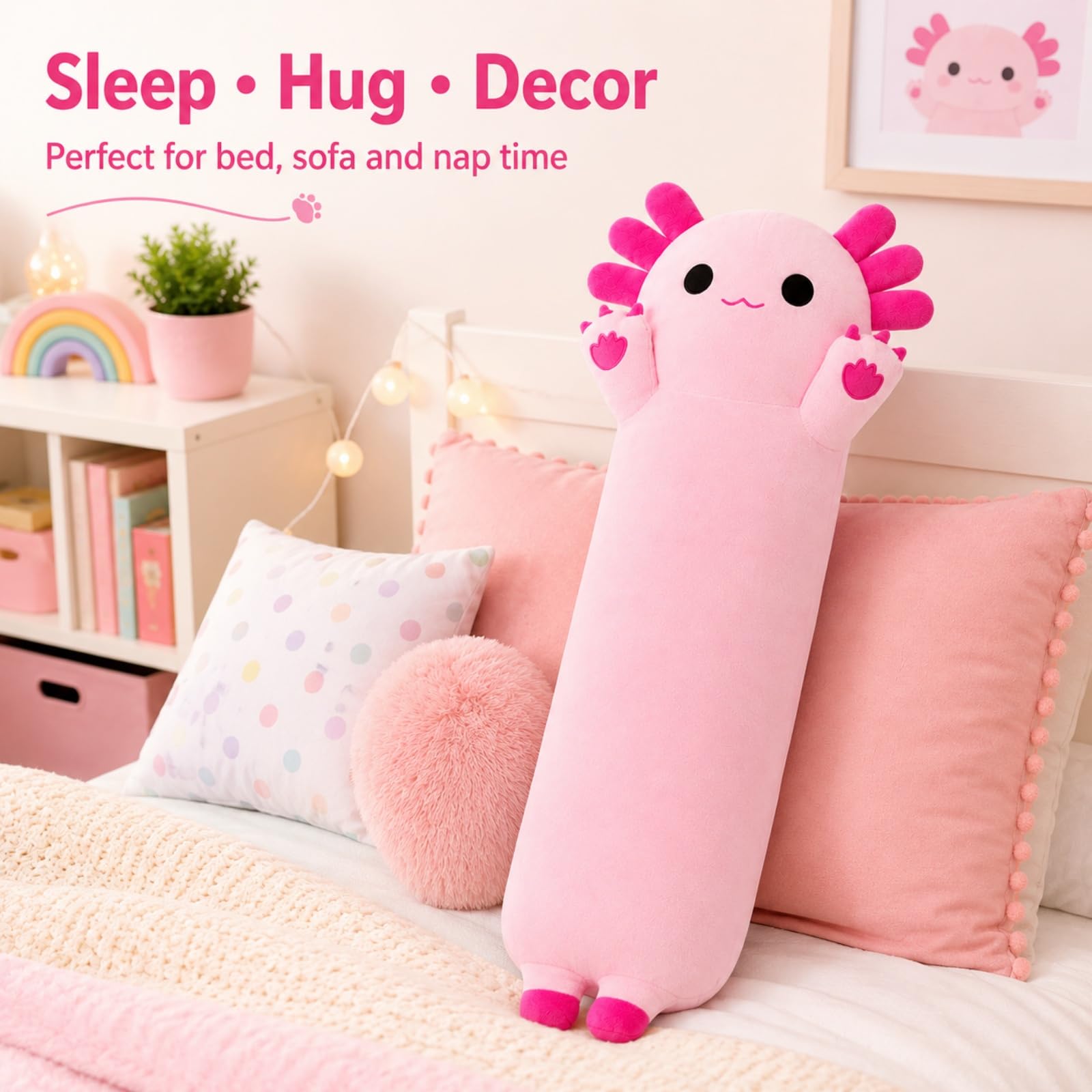 SNOWOLF Gefüllte Axolotl Lange Kissen Plüsch Tier Spielzeug Weiche Kawaii Stuff Kuscheltier Spielzeug Entzückende Umarmung Kissen für Kinder (90cm, rosa)