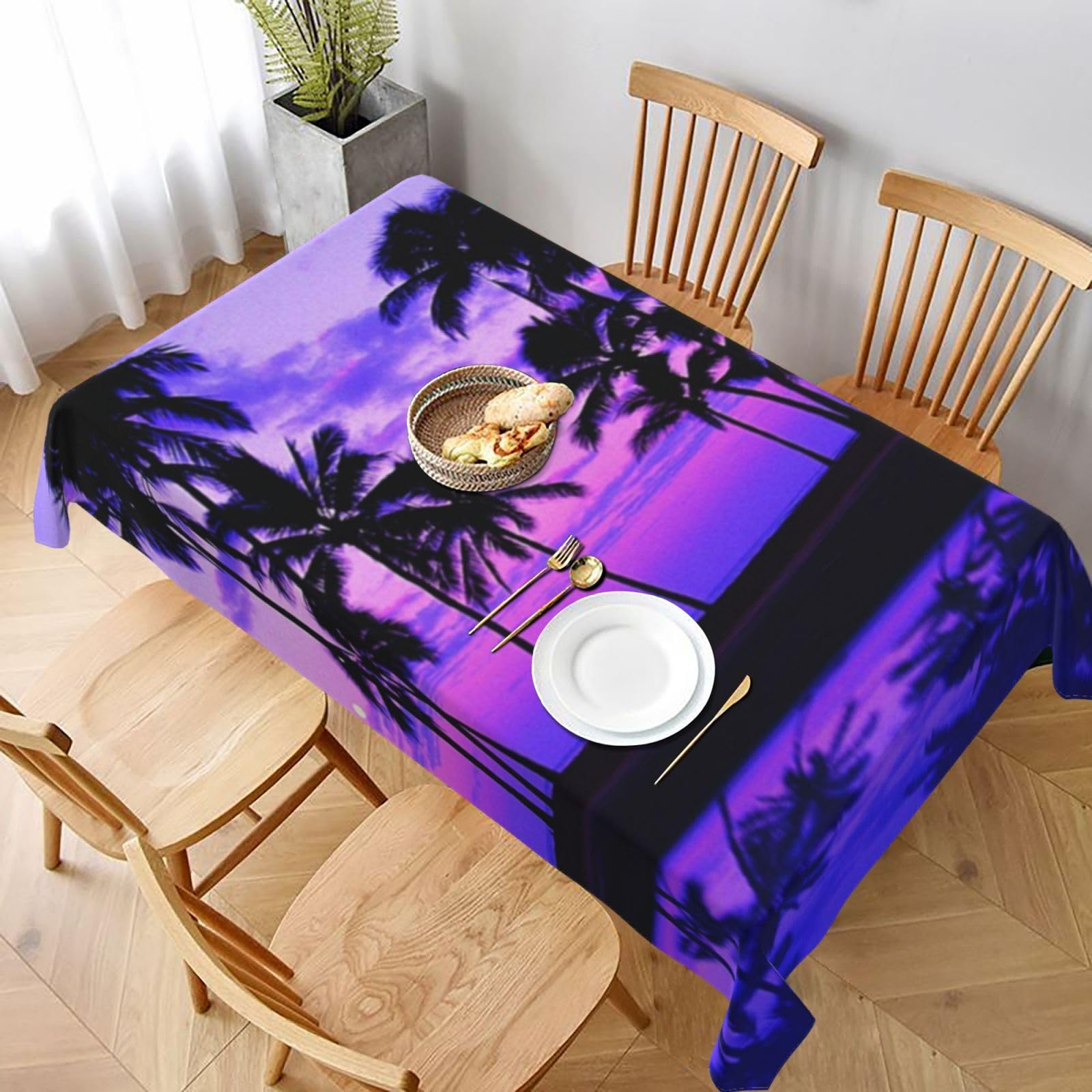 BNVSADC Palm Tree Purple Sunset Printed Rectangle Tablecloth 228x152 CM, Water Resistant Polyester Table Cloth Decorative Fabric Table Covers for Kitchen Dining Table Parties Camping