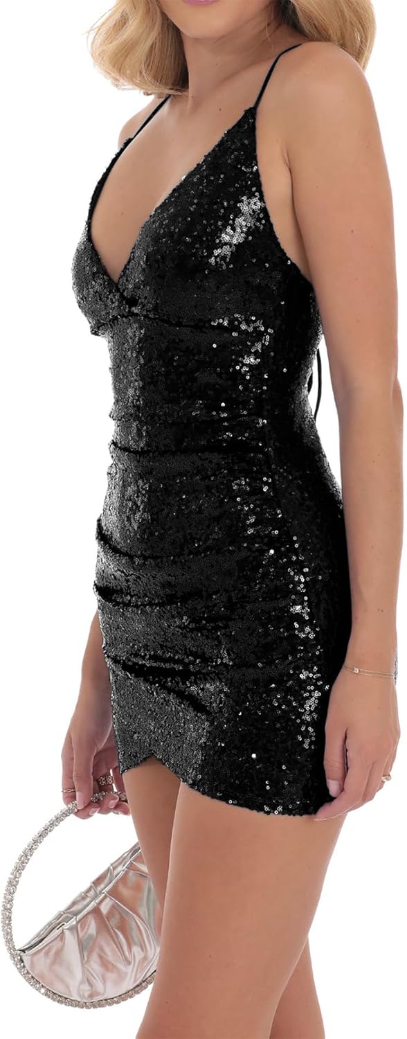 BOLLEY JOSS Women's Sparkly Sequins Pleated Mini Dress V Neck Bodycon Backless Short Dress Shiny Club Party Dresses - Image 2