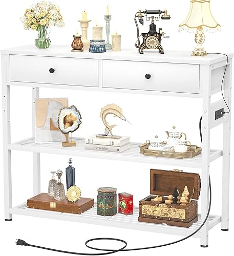 Miniatura 34 de Ecoprsio Mesa de entrada de 47 pulgadas con salidas y puertos USB, mesa consola con 3 cajones, mesa de sofá estrecha larga con estantes de Marrón