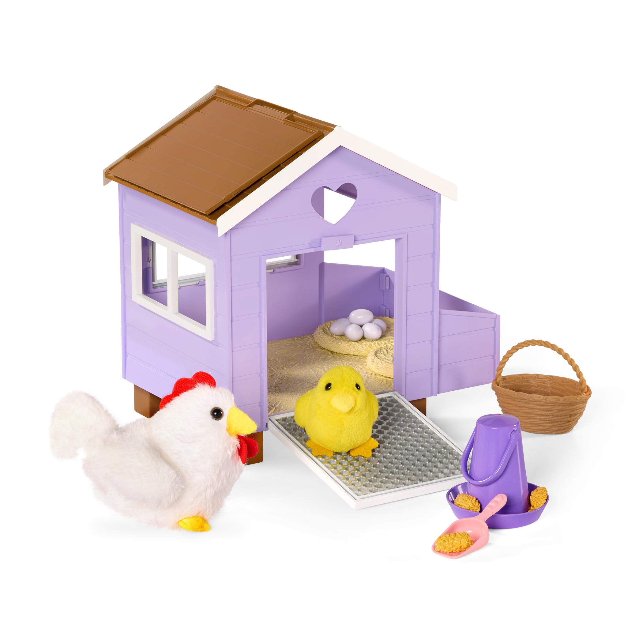 Our Generation – Henhouse Farm Home con tetto apribile & porta – Pulcino peluche & Uova che depongono animali di pollo farciti