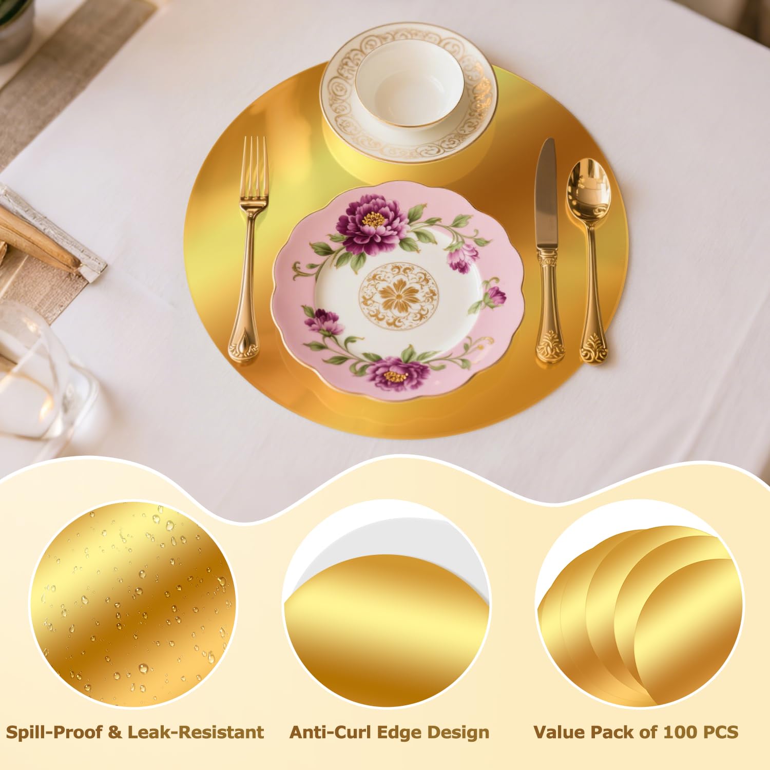 Lot de 100 assiettes rondes jetables en papier doré de 33 cm pour mariage, fête, décorations de table de vacances, événements de restauration et banquets (doré)