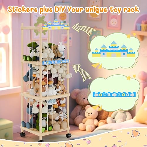 Miniatura 5 de Almacenamiento y soporte para animales de peluche, organizador de juguetes de zoológico de madera de gran tamaño con bandas elásticas, ruedas