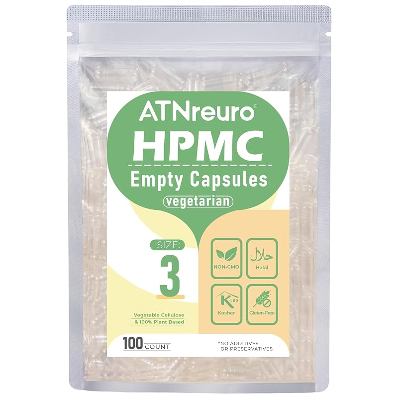 ATNreuro Cápsulas Vazias Veganas de HPMC Tamanho 3 Transparentes, 100 unidades