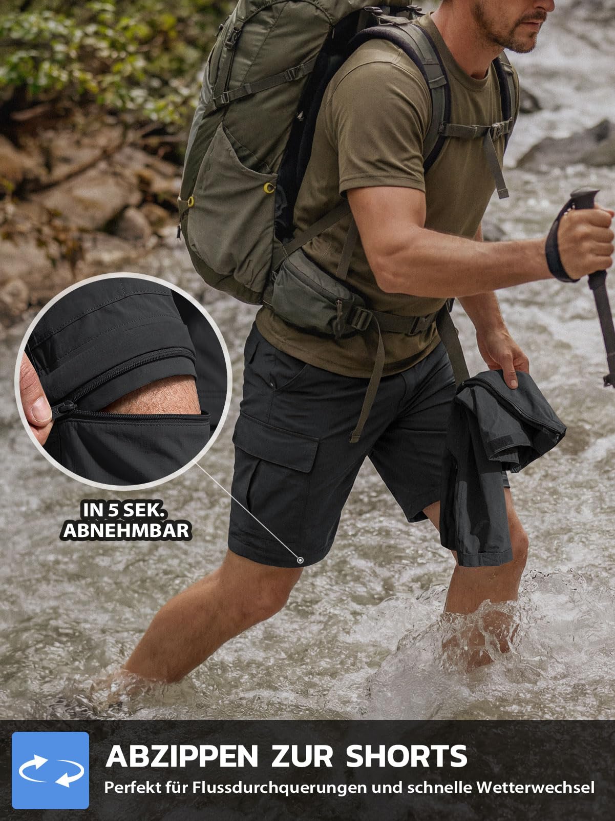 Hiauspor Męskie spodnie outdoorowe z zamkiem błyskawicznym, na lato, lekkie spodnie trekkingowe, oddychające, szybkoschnące, funkcyjne, softshell z 5 głębokimi kieszeniami