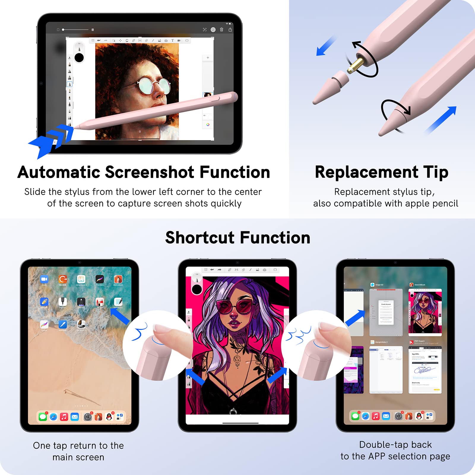 Penna iPad Compatibile con Apple iPad 2018-2023, Penna per iPad con Palm Rejection e Ricarica Wireless,iPad 6~10th、iPad Air 3~5th、iPad Mini 5/6th、iPad Pro 11' 1~4th、iPad Pro 12.9 3~6th(Rosa)