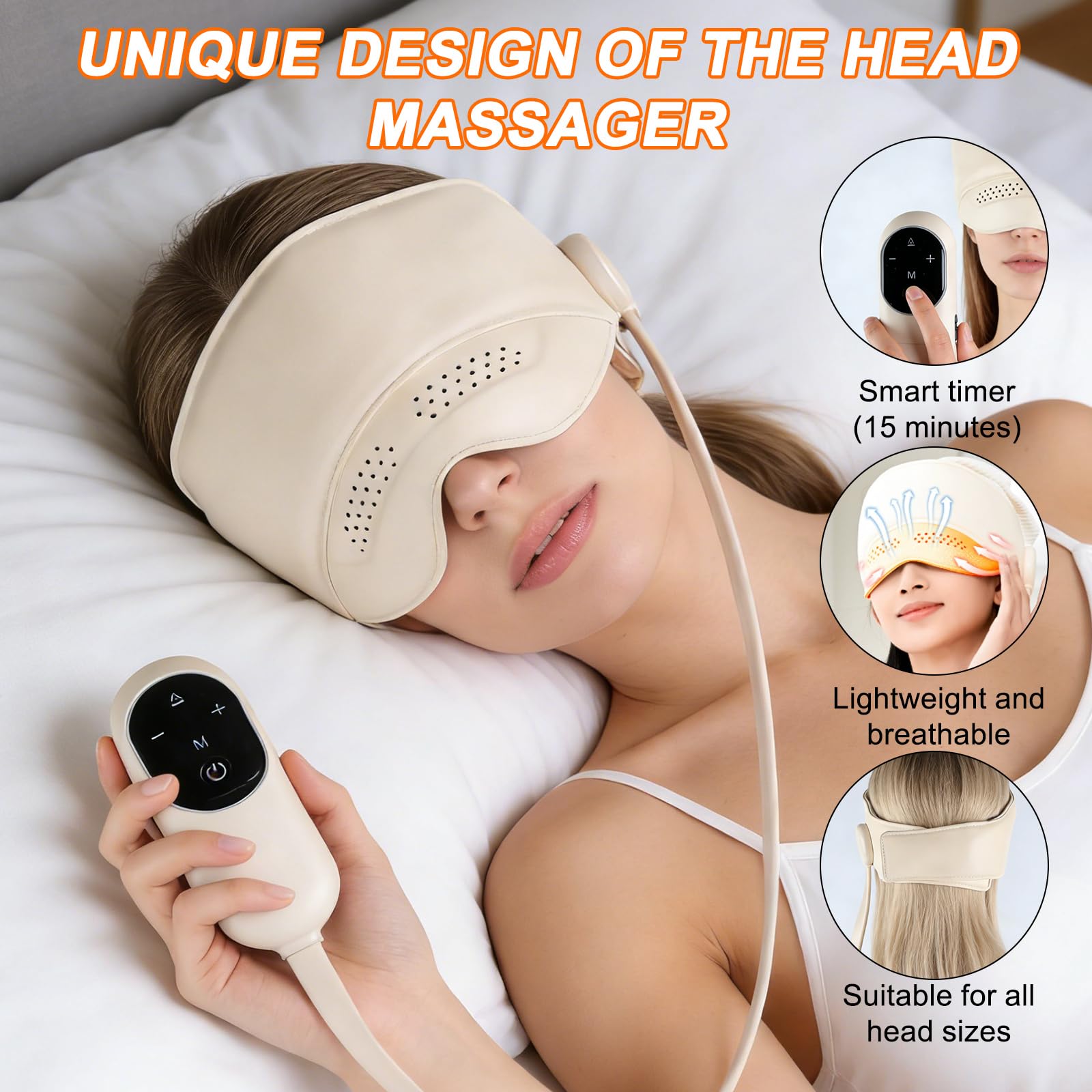 Masajeador de cabeza, cuero cabelludo, masajeador de ojos, gorro eléctrico de alivio de migraña con compresión y masajeador de ojos con calor, 4 modos de presión de aire, 3 niveles de calefacción