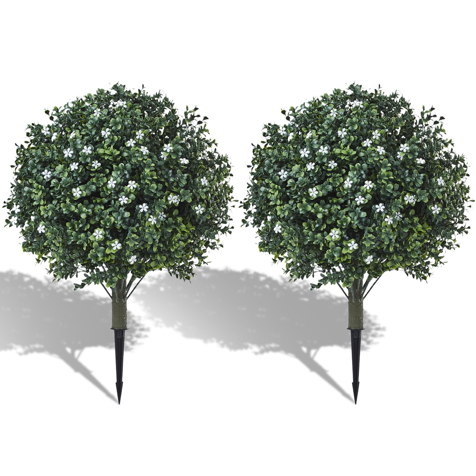 24" artificial boxwood topiary ball bush with white flowers, set of 2 artificial shrub bushes with spike, fake evergreen tree for porch, artificial plants for outdoor planters indoor uv resistant