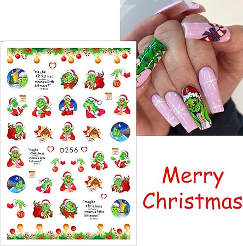 Miniatura 6 de 6 hojas de calcomanías de arte de uñas de Navidad 3D autoadhesivas para invierno, diseños de monstruos verdes, suministros de arte de uñas,