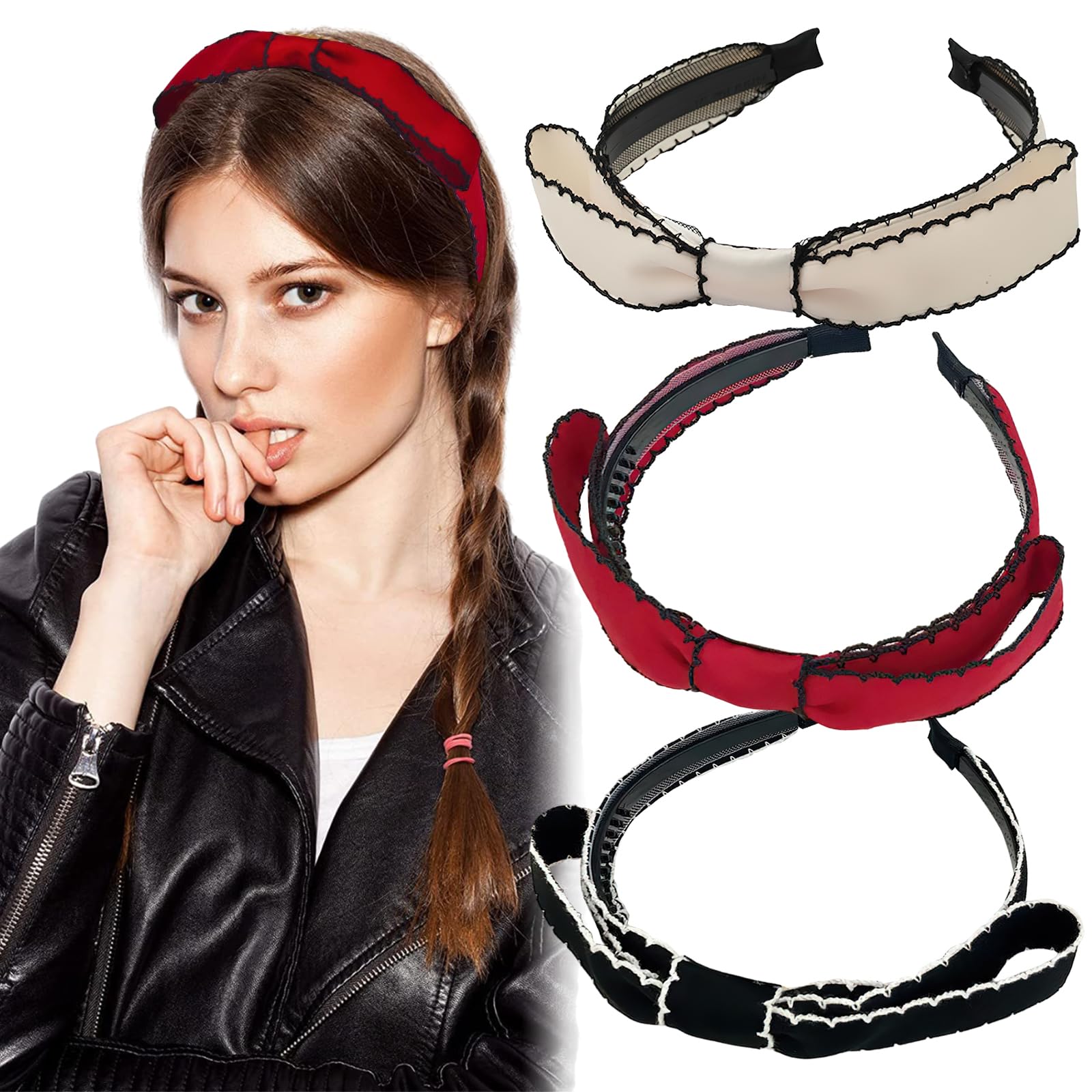 3Pcs Bow Headband Black White Red Silk Satin Bowknot Headbands for Women Girls Ribbon Hair Bows Cute Hair Hoop Hair Accessories for Daily Wedding Party Headwear Decoration