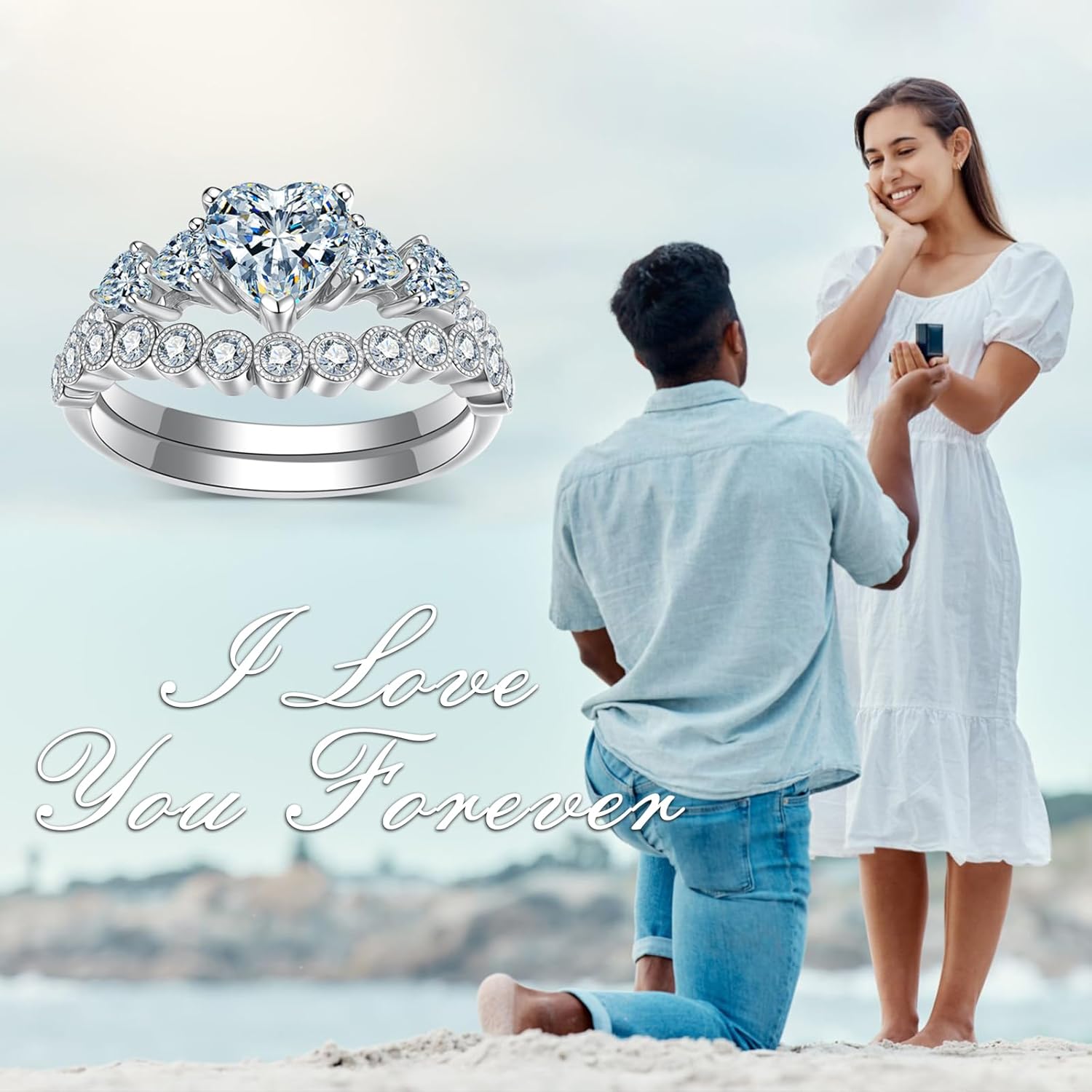 925 Sterling Silver Heart-Cut Moissanite Engagement Ring Sets, 1-2/5 Carats Moissanites Wedding Rings Sets 18K White Gold Platinum Plated Bridal Ring Sets for Her Women Gift for Anniversary Wedding