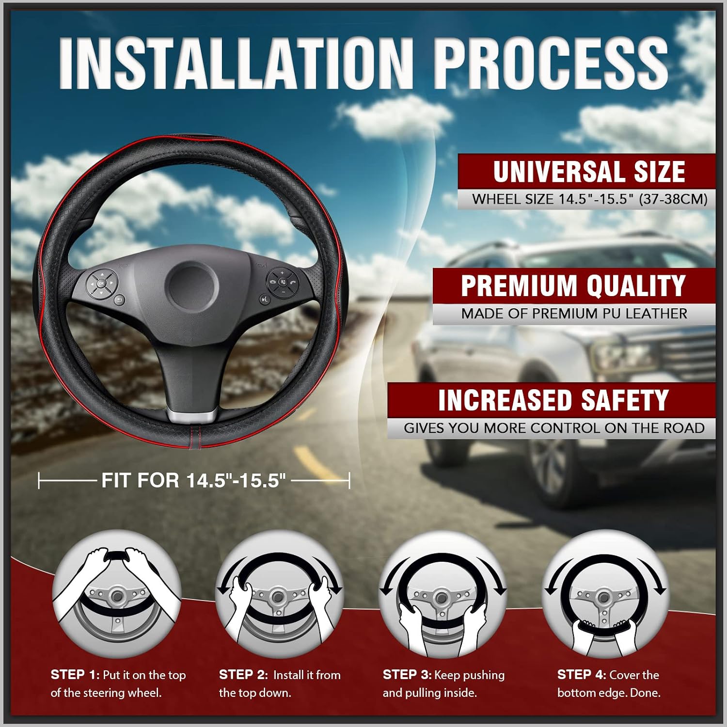 K KNODEL Universal Fit Steering Wheel Cover, Microfiber Leather Car Steering Wheel Cover, Anti-Slip Car Wheel Protector, 15 Inch (Red)