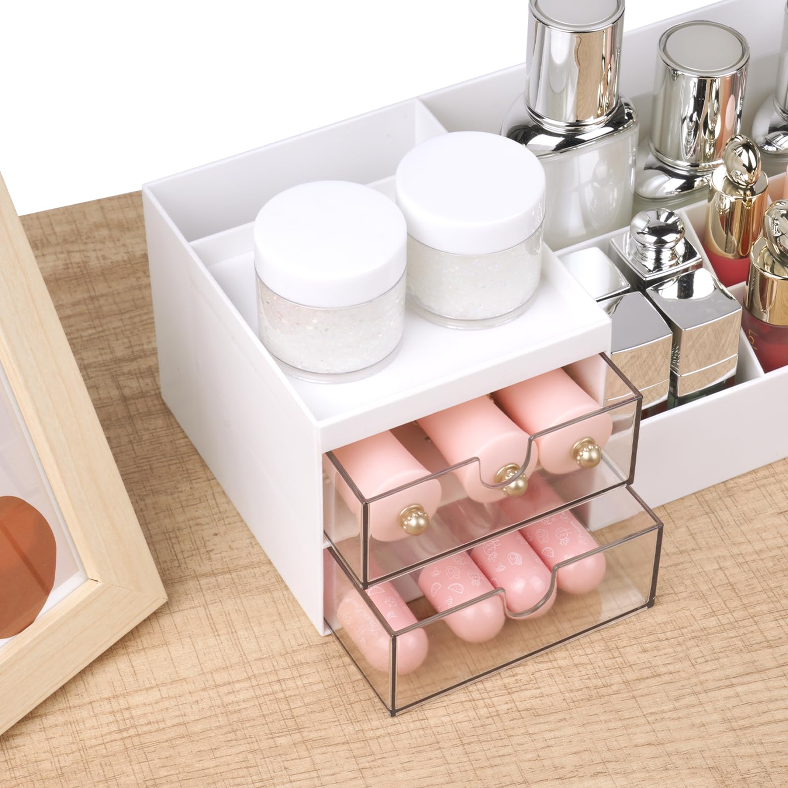 URAQT Porta Trucchi Organizer Con Cassettini e 10 Scomparti Di Diverse Dimensioni, Box Portatrucco Adatto per Gioielli, Spazzole, Rossetto