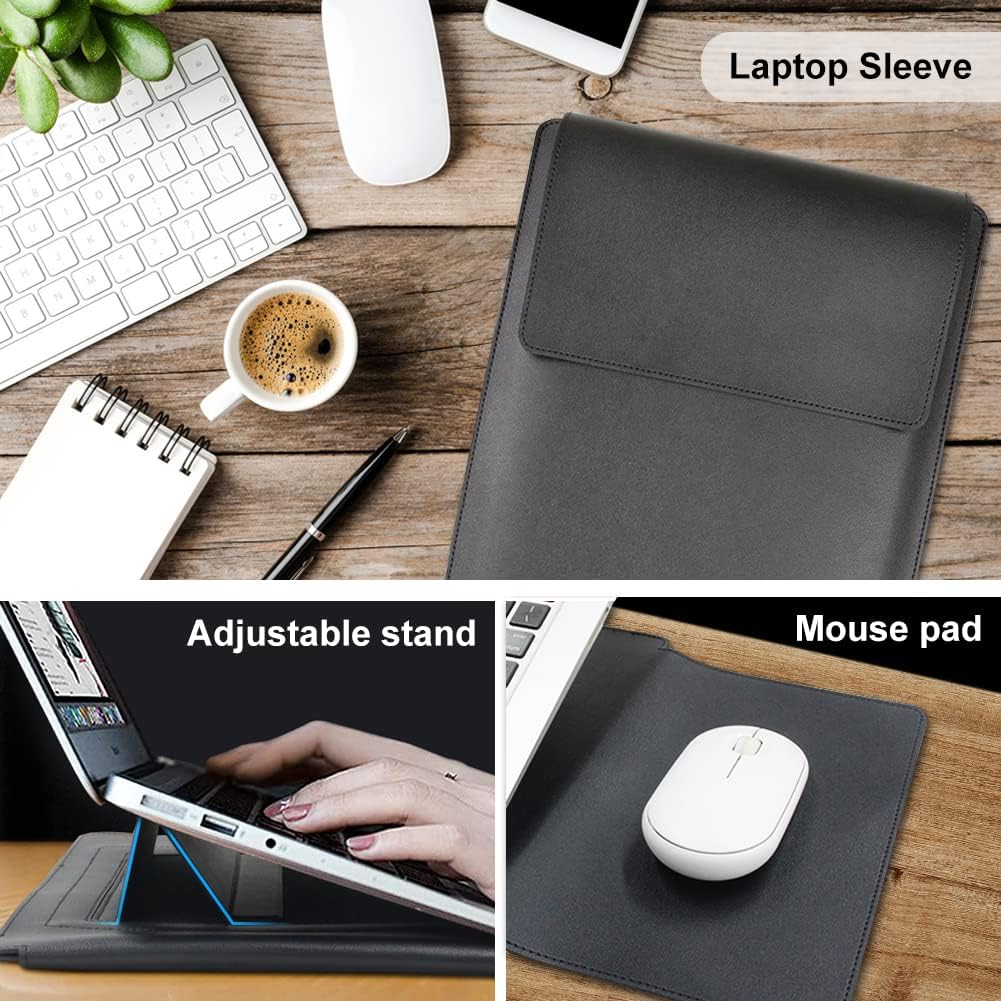 15-16 inch Laptop Sleeve Case with Stand,Boshiho Slim Laptop Carrying Case Waterproof Leather Computer Protective Cover Bag with Pouch (for 15-16in Laptop, Black)
