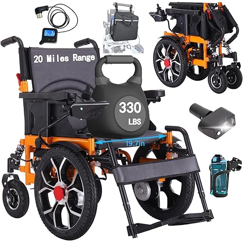 16" Big Front Wheel Electric Wheelchair, 19.7” Seat Width All Terrain Foldable Power Wheelchairs, Motorized Wheel Chair for Adults 330lbs, Dual Brakes, Rear Control Included, Led Light, Backpack