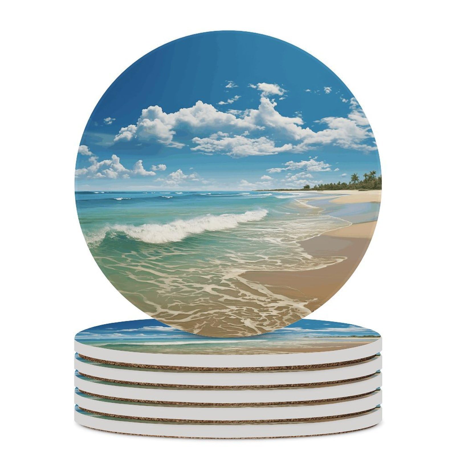 Sandy Beach podstawki pod napoje z uchwytem na stolik kawowy, ceramiczna podstawka z podstawą korkową, ceramiczna podstawka do mrożonych zimnych lub gorących napojów, 10 cm
