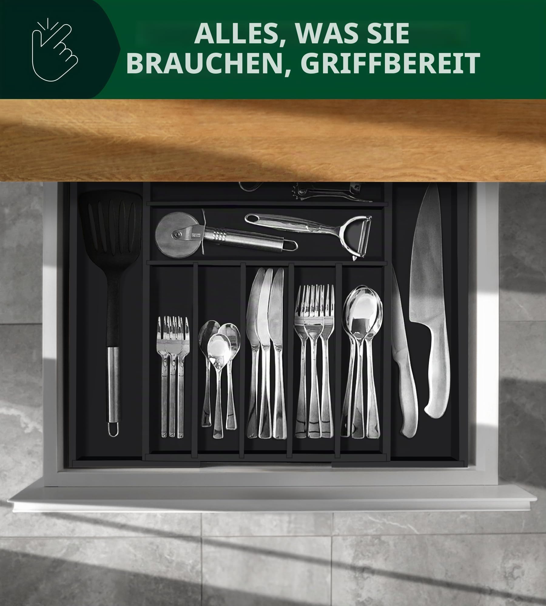 ROYAL CRAFT WOOD Luxuriöser Schubladen-Organizer aus Bambus – Besteck-Organizer – Utensilienhalter und Besteckkasten mit gerillten Schubladenteilern für Besteck und Küchenutensilien (schwarz)