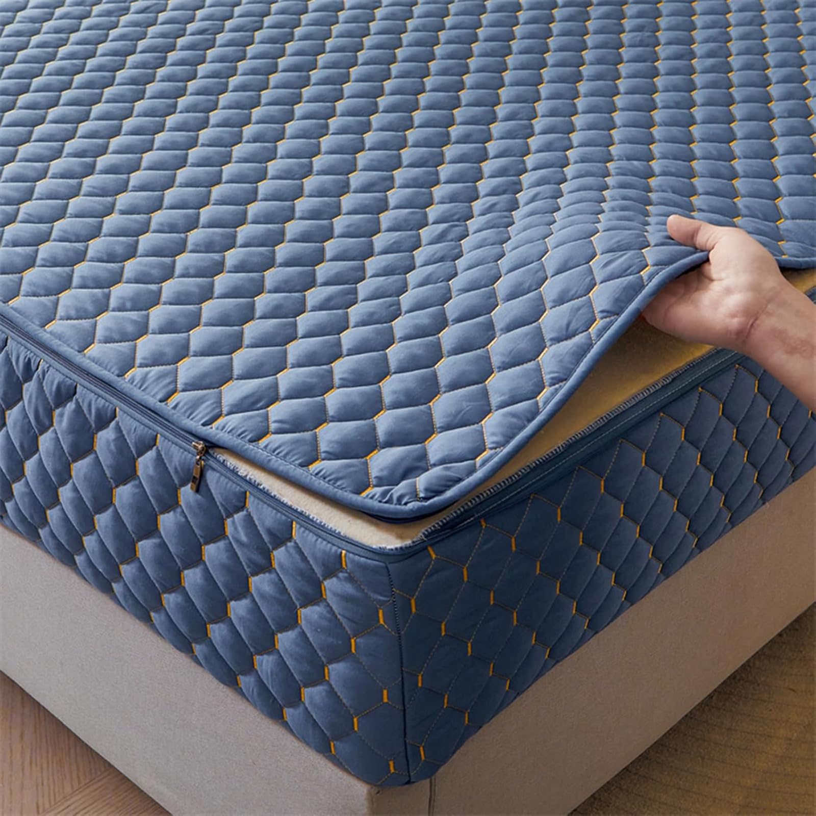 Gesteppter, waschbarer Matratzenbezug mit Reißverschluss, anpassbare Größe, feuchtigkeitsbeständig und waschbar, atmungsaktiver und weicher Matratzenschoner-Blue- 160x190+22cm
