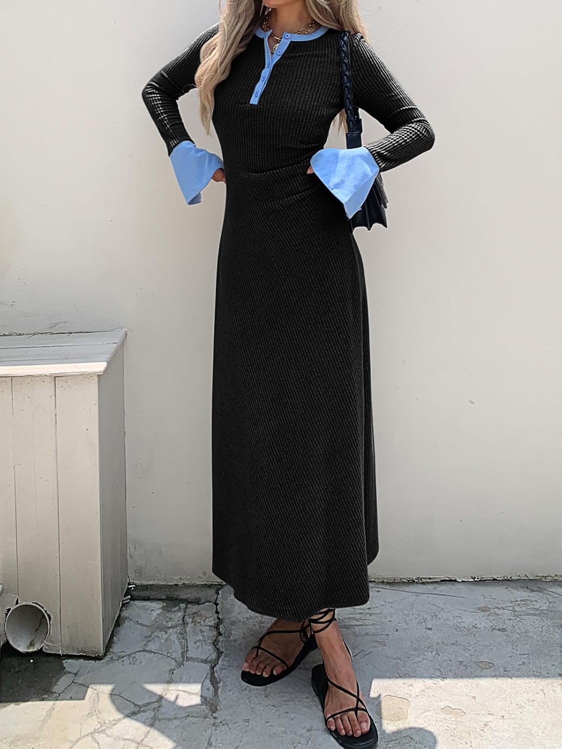 Womens Sweater Dress V Neck Ribbed Maxi Dress Long Bell Sleeves Button Down Slim Fit Bodycon Casual Knit Dress - Image 2