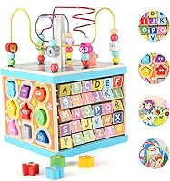 Qilay Large Wooden Activity Cube for Toddlers 1-3: 5-in-1 ABC Abacus, Bead Maze, Shape Sorter, Spinning Gears - Safe Educational 1st Birthday Toy