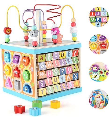 Qilay Cubo de actividades de madera para niños pequeños (grande), 5 en 1, multiusos, ABC-123, clasificador de formas de laberinto de cuentas de