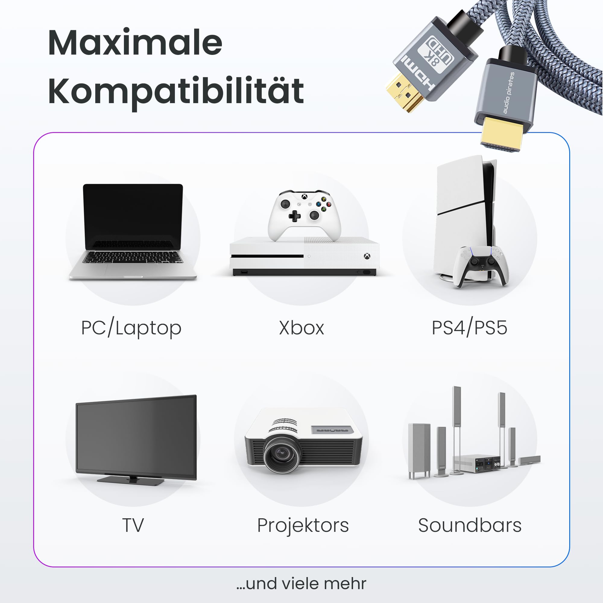 audio pirates Cable HDMI de 10 k/8 K/4K 2.1 (5,0 m) 48 Gbit/s | Certificado Ultra High Speed | 10/8 K @ 60 Hz, 4 K @ 240 Hz | eARC | HDR10+ | Dolby Vision | Buen conector chapado en oro de 24 K |