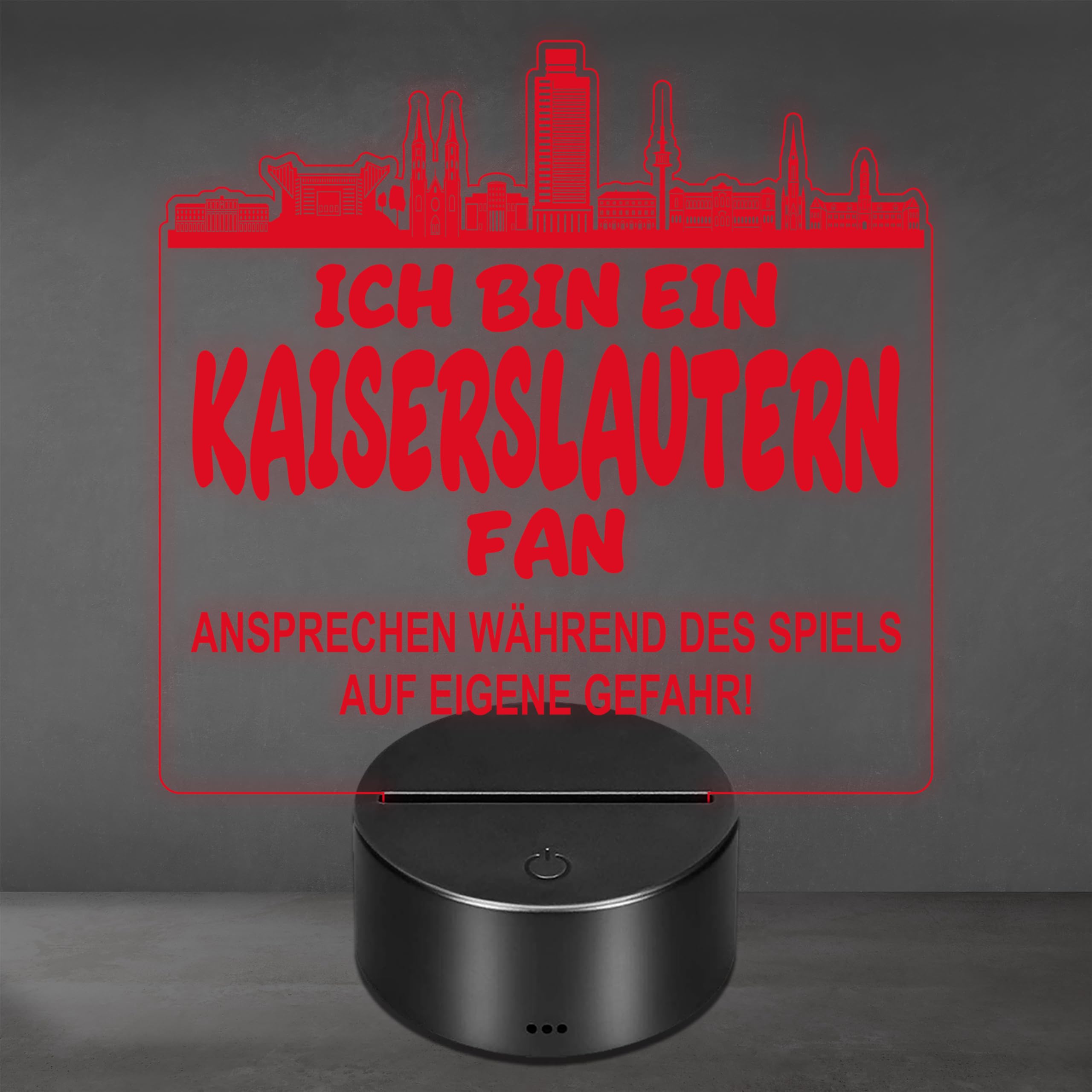 Lieblingsmensch Kaiserslautern Fan Fußball LED Nachtlicht – 3D Skyline Design „Ansprechen auf eigene Gefahr“ – RGB Farbwechsel mit Fernbedienung & Touch – Stimmungslicht für die Man Cave – 19x23cm