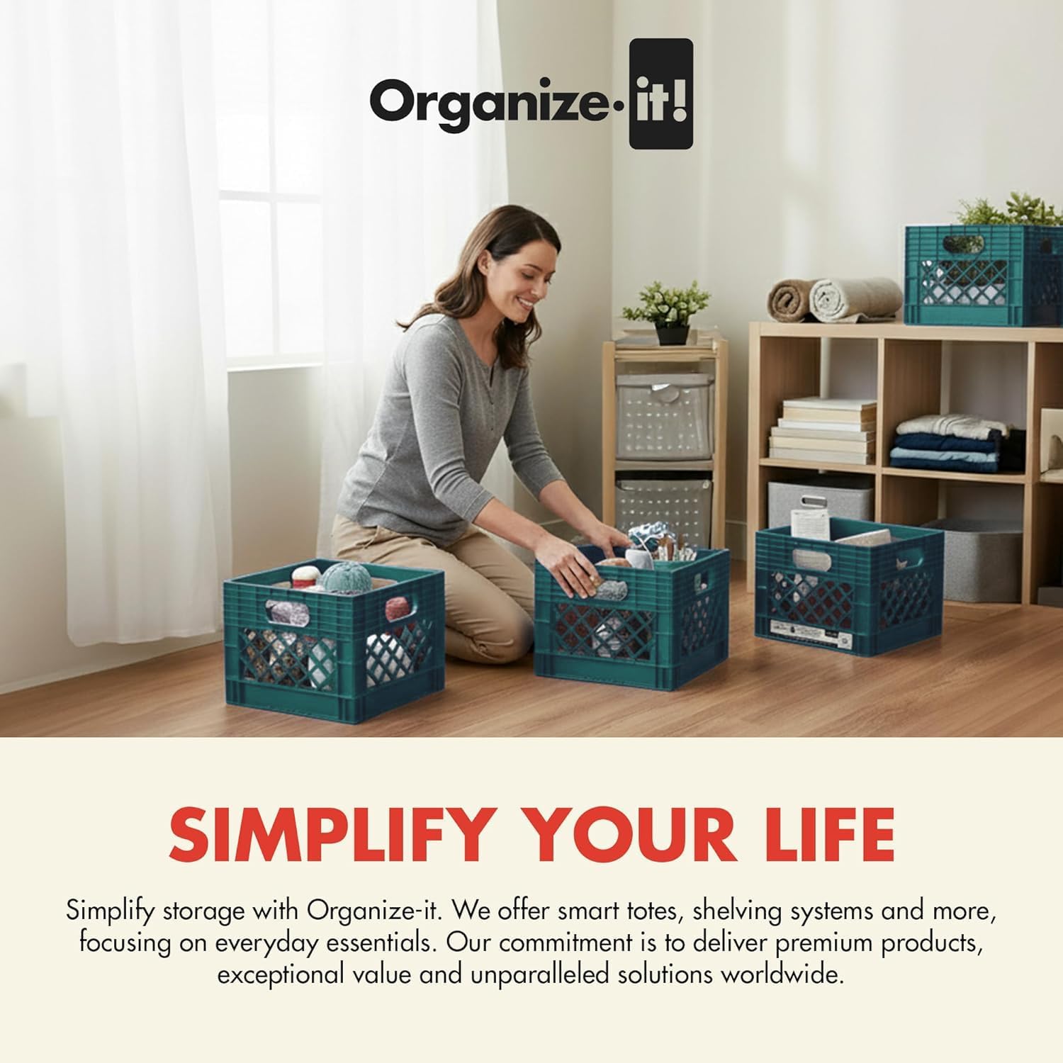 ORGANIZE-IT! Authentic Milk Crate, 4 Pack - Heavy-Duty Storage Crate, Easy-Grip Handles, Versatile Storage Crate Box, 13" L x 13" W x 11" H (Teal)