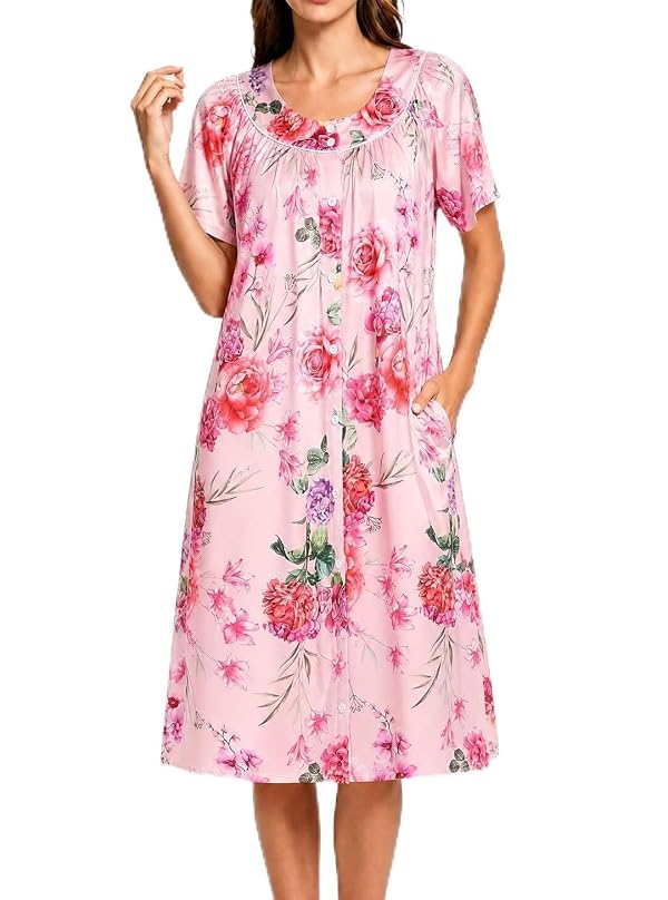 YOZLY House Dress for Women Short Sleeve House Coat Mumu Duster Robe with Pockets, Pink, Large by YOZLY - Used condition - US$17.49