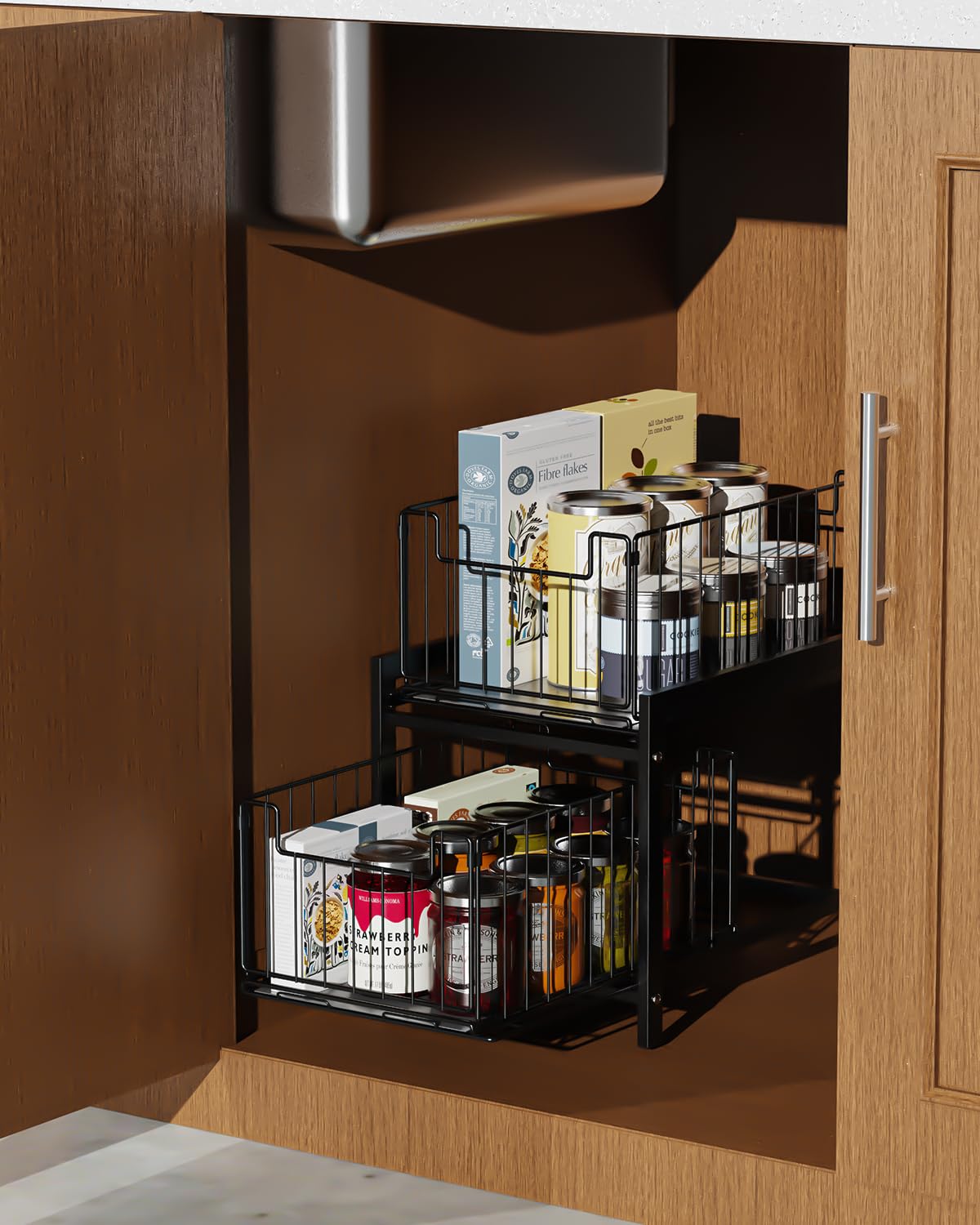Scaffale Sottolavello Portaoggetti con 2 Cestelli Scorrevoli, Organizer Sottolavello Cucina In Acciaio Inox, Organizer Sotto il Lavello, 2 Livelli Sotto Lavello Cucina Organizer(Nero)